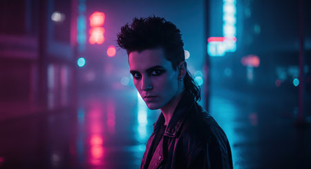 Atmospheric portrait showcasing a stylish person bathed in the vibrant glow of neon lights against an urban backdrop, evoking a captivating cyberpunk ambiance and aesthetic style.の素材