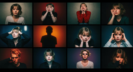 This striking compilation of portraits captures raw and intense human emotions such as grief, depression, and stress, showcased through captivating and expressive visuals and lighting.の素材