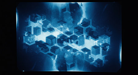 An artistic rendering displays a complex network of interconnecting cubes in varying tones of blue, evoking feelings of connectivity and complex technological systems design and structure.の素材