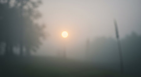 A soft morning sun glows through the dense fog, creating a misty, dreamy scenic landscape with an atmospheric and tranquil feel, ideal for background or concept use.の素材