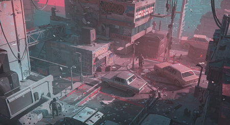 The artwork captures an apocalyptic cityscape, highlighting the architectural ruins and discarded vehicles, with a palette of pink and blue tones that evoke an atmosphere of a bleak urban future.の素材