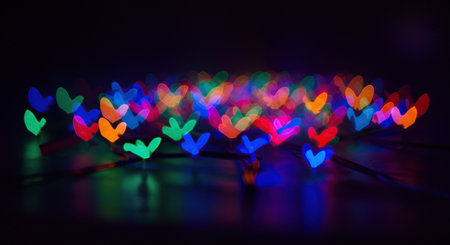 An array of vibrant, colorful heart shaped bokeh lights dances across a dark backdrop, creating a magical ambiance for Valentine's, love themes or special occasions.の素材