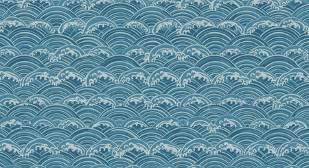 An illustrative artwork featuring repeating stylized waves in shades of blue. A seamless design suitable for backgrounds, evoking calmness and ocean themes with a vibrant yet soothing tone.の素材