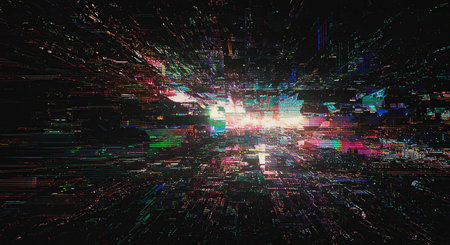 Dynamic display of abstract patterns, bursting with vibrancy and energy, makes this futuristic backdrop perfect for creative projects requiring a technological or digital aesthetic.の素材