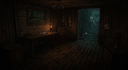 A spooky artwork shows a skeleton figure in a doorway of a creepy room, enhanced by dim lighting and gothic elements, suitable for dark themes and Halloween designs.の素材