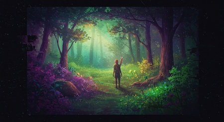 Beautiful artwork shows a person in a verdant forest, bathed in sunlight, with an arm raised in greeting or wonder; conveying serenity, nature, and the spirit of adventure.の素材