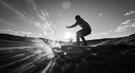 A dynamic black and white view captures a surfer in action against the light, riding a wave with splashing water, creating a moment of balance and freedom on the ocean.の素材