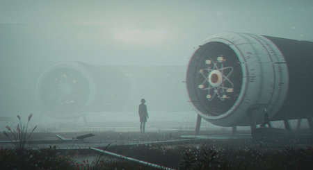 Surreal landscape featuring a person facing enormous reactors with atom symbols, immersed in fog, conjuring a sense of wonder and exploration within a technological setting.の素材