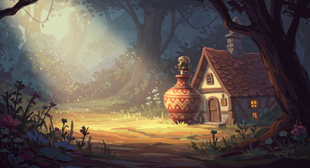Charming illustration showcasing a fairy tale cottage in a forest setting, complete with whimsical details like a potion bottle and bright light, perfect for fantasy concepts.の素材
