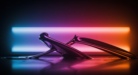 This artistic rendering displays metallic elements and liquid textures under glowing neon lights, creating an intriguing and visually captivating modern abstract art background.の素材