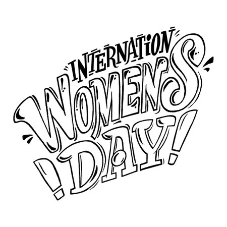 International Women's Day Lettering. Funny outline stroke cartoon text. Greeting with love shape, suitable for card, invitation, banner, poster, postcard, sticker. isolated on white background.のイラスト素材