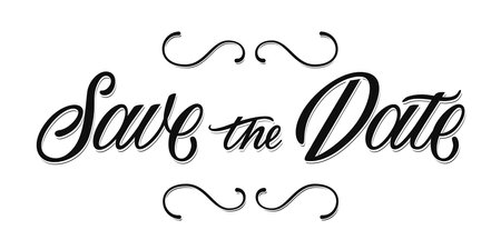 Hand Drawn Brush Lettering. Ink writing in modern calligraphy style. Save the date. Wavy calligraphy spelling with flourish for decoration of the wedding invitation Vector illustration.のイラスト素材