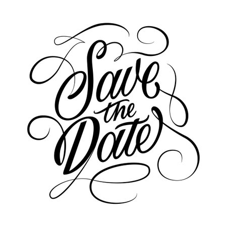 Hand Drawn Brush Lettering. Ink writing in modern calligraphy style. Save the date. Wavy calligraphy spelling with flourish for decoration of the wedding invitation Vector illustration.のイラスト素材