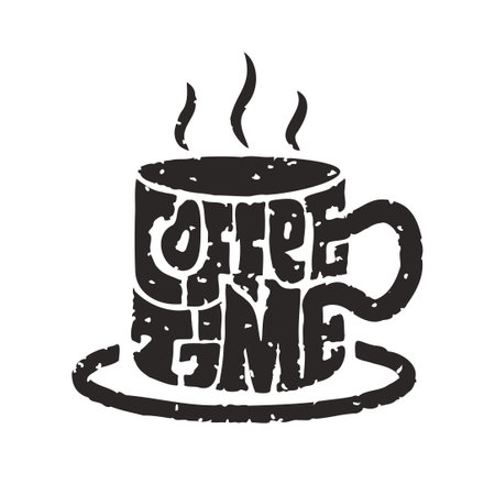 coffee time. Silhouette cup black and white retro vintage illustration hand drawn lettering.のイラスト素材