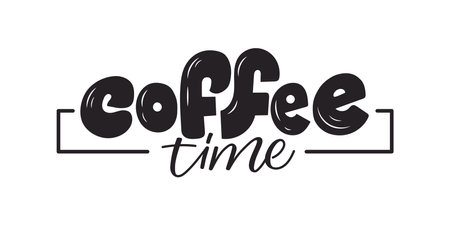 Coffee Time Cartoon Lettering. Calligraphic text with a frame on a white background. Template design for postcards, prints. vector illustration.のイラスト素材