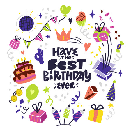Have the best birthday ever. B-day greeting card. cartoon illustration. Birthday cake, cupcakes, piece of cake, candy, balloons, gifts, flags, fireworks, mirror ball, glasses, crown, party hat.のイラスト素材