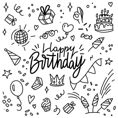 Set of Happy Birthday doodles. Sketch of party celebration, gift box, cake, balloons, flags, crown, firework, star, ribbon. Hand drawn vector text and illustration. isolated on white background.のイラスト素材
