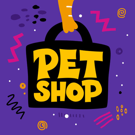 Pet shop vector lettering. Hand drawn lettering signboard. Illustration of the paws of a cat or dog holding a bag. Bright design template for a card, signboard .のイラスト素材