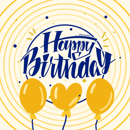 Retro Happy Birthday Card. Bright cartoon vector illustration with balloons. Hand Written Lettering Style.のイラスト素材