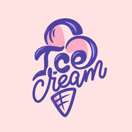 Ice Cream . Hand drawn script lettering. emblem. Pink dessert in a waffle cone with letters. Retro candy vector template lettering.のイラスト素材
