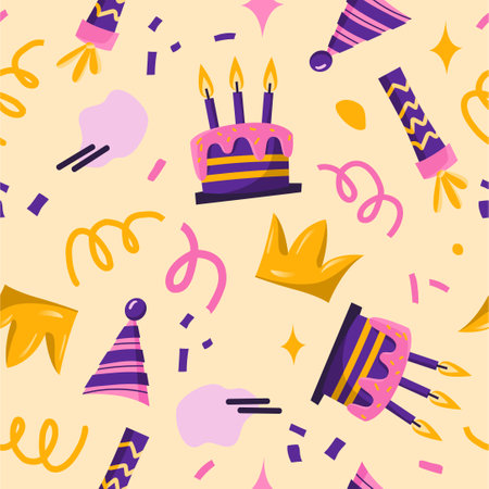 Seamless Pattern Fun B-Day illustration in cartoon style. Doodle illustration with different holiday symbols. Cake, crown, confetti, gifts.のイラスト素材