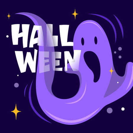 Vector Halloween Greeting Hand Draw Text. Illustration cartoon ghost on dark background. A simple template cartoon minimalist character for a postcard, poster, banner.のイラスト素材