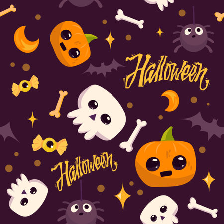 Seamless Pattern Cute Cartoon Character. Halloween. Pumpkin, skull, bone, bat, candy, spider on dark background. Design templates for fashion, fabric, textile, wrapping paper, wallpaper.のイラスト素材