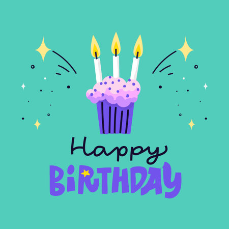 Greeting card hand drawn lettering text. Purple birthday cake and candles, stars on green background. Congratulatory card party with handwritten text. Vector illustration. Birthday cardのイラスト素材