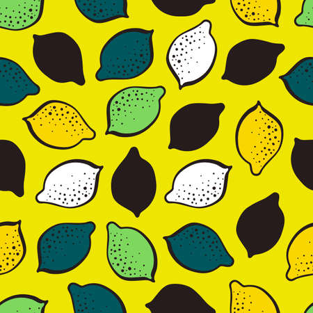 Seamless vector pattern of whole lemons and lime on a yellow background. Perfect for wrap paper, wallpaper, background, fabric print.のイラスト素材