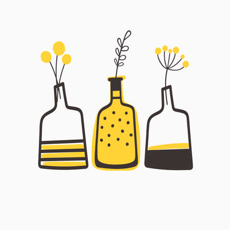 Set of cute stylized hand drawn flowers in bottles. Vector illustration.のイラスト素材