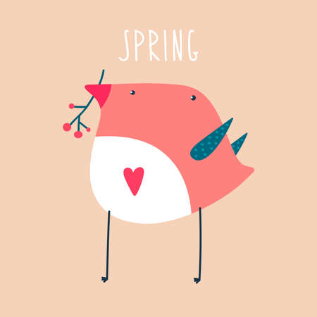 Little pink  bird with branch of a plant in its beak. Cute vector illustration.のイラスト素材