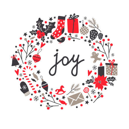 Vector winter holiday set. Hand drawn Christmas symbols, decoration and branches.  Christmas mood. Christmas seasonal items.のイラスト素材