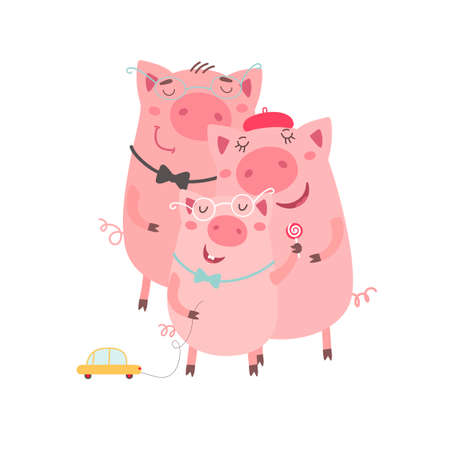 Family of pigs. Happy father, mother and son. Hand drawn cartoon illustration. Vector illustration on white background.のイラスト素材