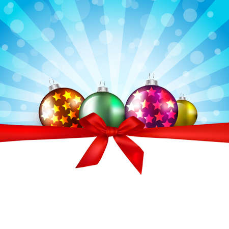 Merry Christmas greeting card   with decorative red ribbon ,bauble and copy spaceのイラスト素材