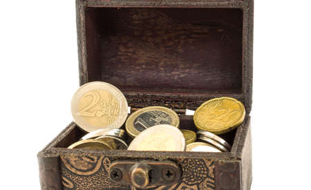 Close Up Chest with Euro Currency on white background の写真素材