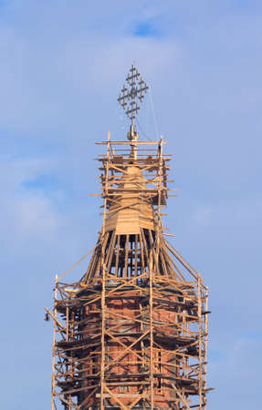 Church steeple in scaffoldingの写真素材