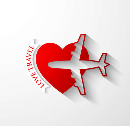 Red silhouette of jet airplane on heart shape - Love travel icon conceptのイラスト素材