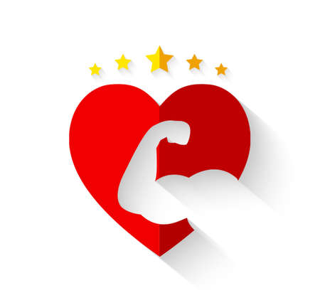 Muscular arm on heart shape with crown of stars and long shadowのイラスト素材