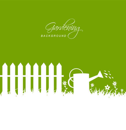 Gardening scene with watering can near fence on grassのイラスト素材