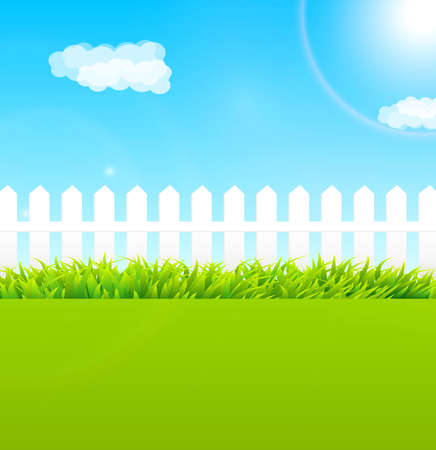 Summer garden scene with wooden fence and blue sky - Useful as backgroundのイラスト素材