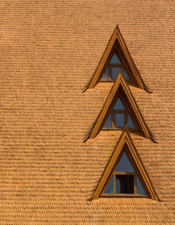Windows on a wood shingle roofの写真素材