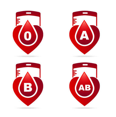Blood type.Creative blood groups showing in a hearts shape with red blood drops and bag bloodのイラスト素材