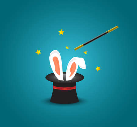Magic hat with rabbit ears.Magic trick with rabbit ears appear from the magic top hatのイラスト素材