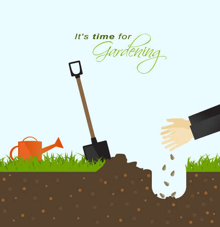 It is time for gardening.Person putting seeds in the ground with spade and watering can in fieldのイラスト素材