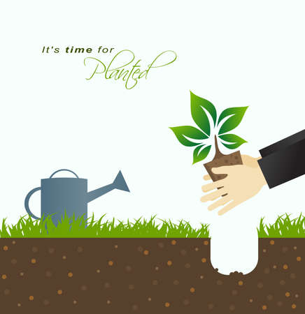 It is time for planting.Farmer planting in the ground with green grass and watering can in backgroundのイラスト素材