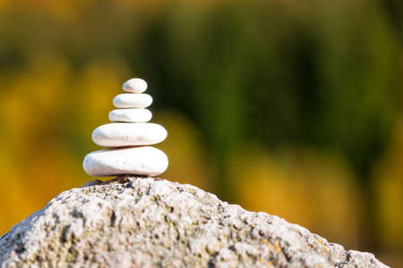 Stones pyramid on rock symbolizing zen, harmony, balance, with forest in the background
