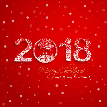 2018 New Year with snow effect on red background greeting card. Useful as flyer, poster, lettering, invitation, party Christmas / 2018 Happy New Year background.のイラスト素材