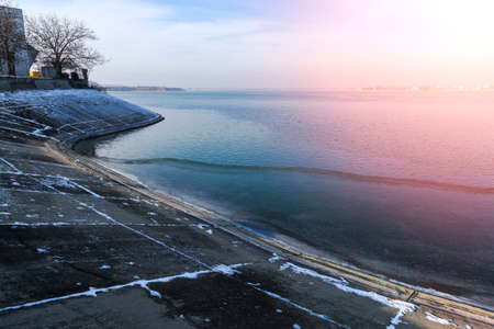 Winter at the shores of Lake Morii on Bucharest, Romania .