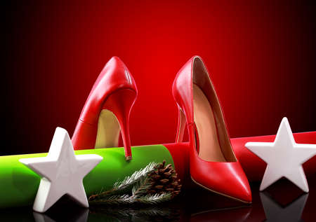 Pair of Red heel shoes and Christmas.の写真素材