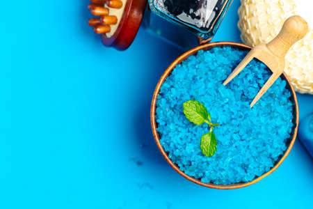 Various spa and beauty treatment products on blue backgroundの写真素材